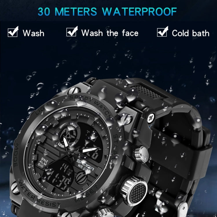 Black digital sports watch with round bezel, textured strap, and water-splash style graphics