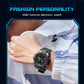 Green digital sports watch on wrist with round black dial and sporty strap