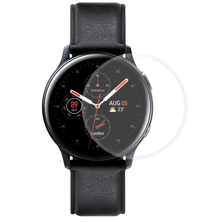 Transparent curved screen protector film on black smartwatch face, glossy full coverage