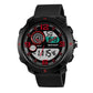 Black digital sports watch with textured rubber strap, round bezel, side buttons, red accents