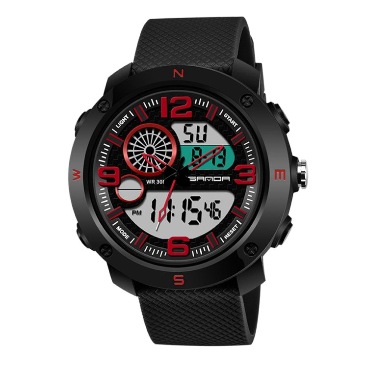 Black digital sports watch with textured rubber strap, round bezel, side buttons, red accents