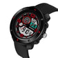 Black rugged digital watch with textured strap, round case, side button, illuminated dial
