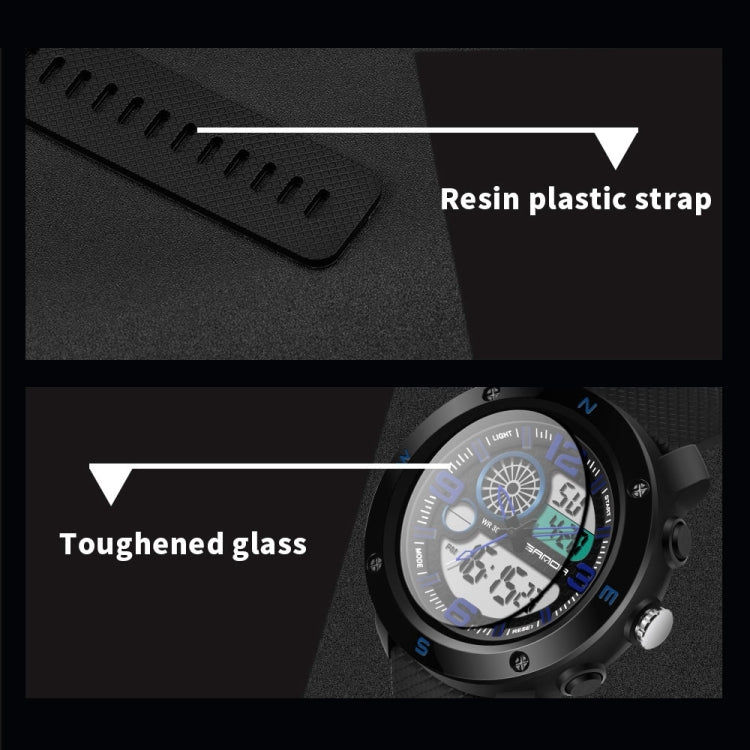 Black digital sports watch close-up, textured strap, round bezel with visible side buttons