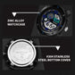Black digital sports watch with round case and textured strap, back cover shown