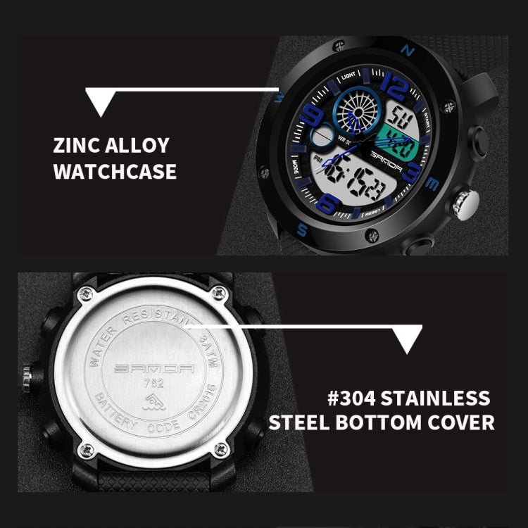 Black digital sports watch with round case and textured strap, back cover shown