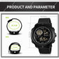 Black digital sports watch with textured strap, round case, shown with sizing diagram