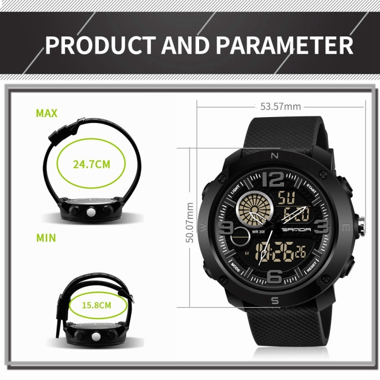 Black digital sports watch with textured strap, round case, shown with sizing diagram