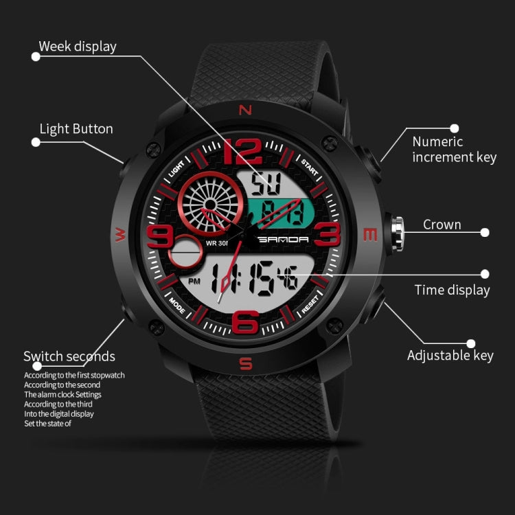 Black digital sports watch with textured strap, round dial, side crown and adjustment keys