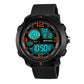 Black digital sports watch with textured rubber strap, round bezel, side buttons, blue digits
