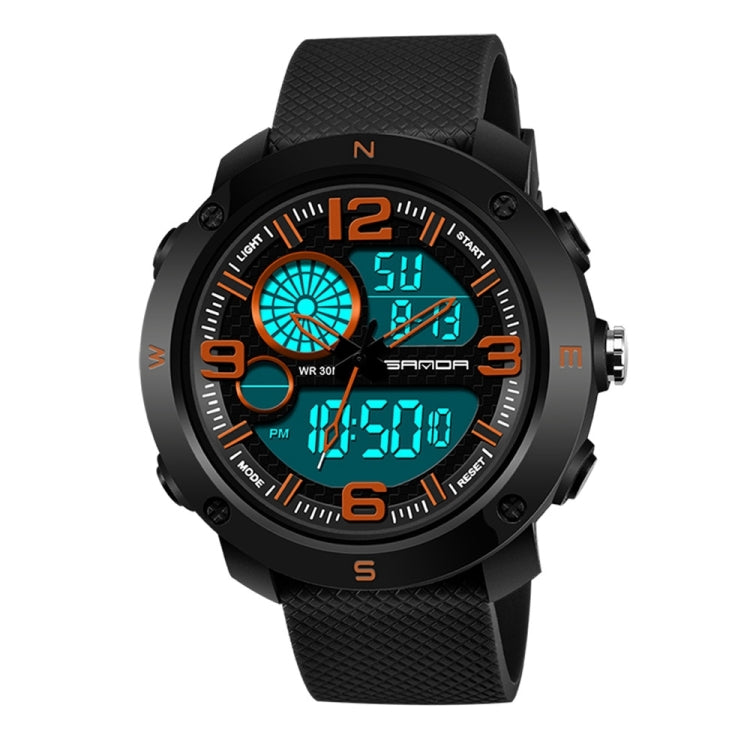 Black digital sports watch with textured rubber strap, round bezel, side buttons, blue digits