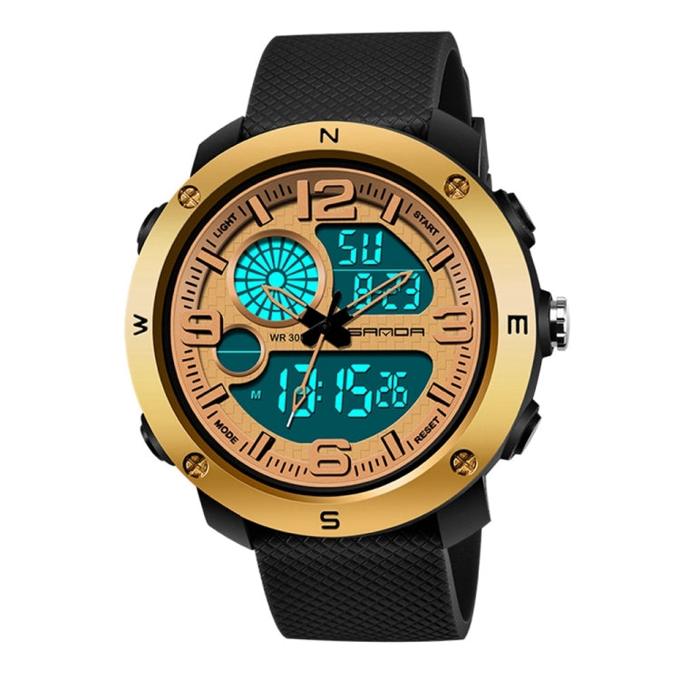SANDA 762 men’s digital sport watch with black silicone strap and gold-tone bezel, teal display