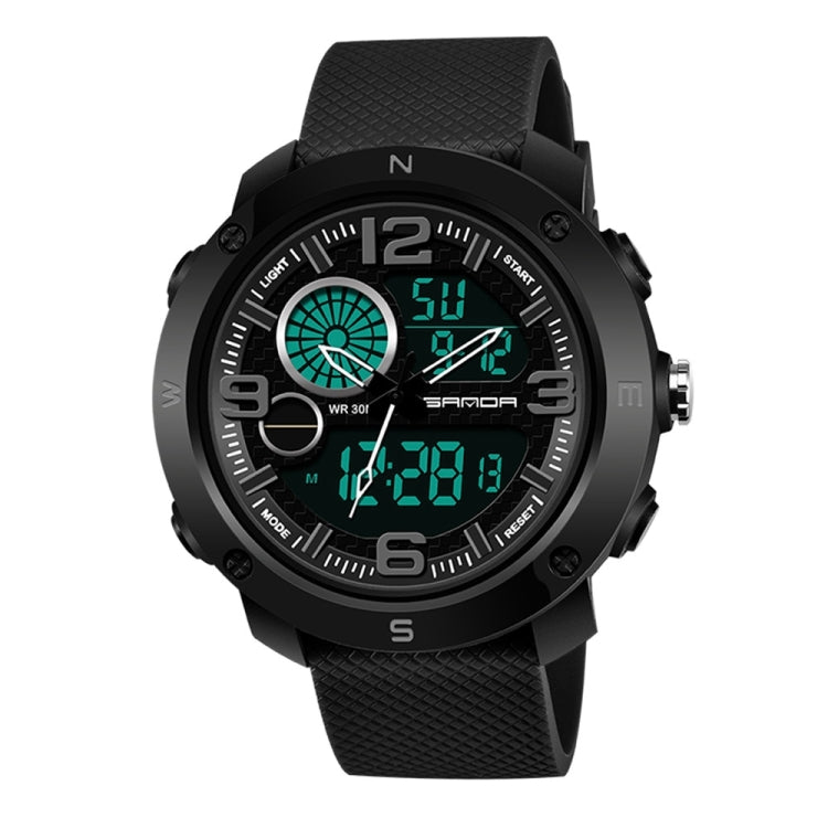 SANDA 762 men’s digital sport watch with black silicone strap and black bezel, teal display