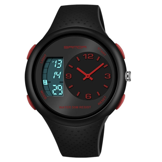 Men's waterproof digital sports watch with black case and glowing green digital display