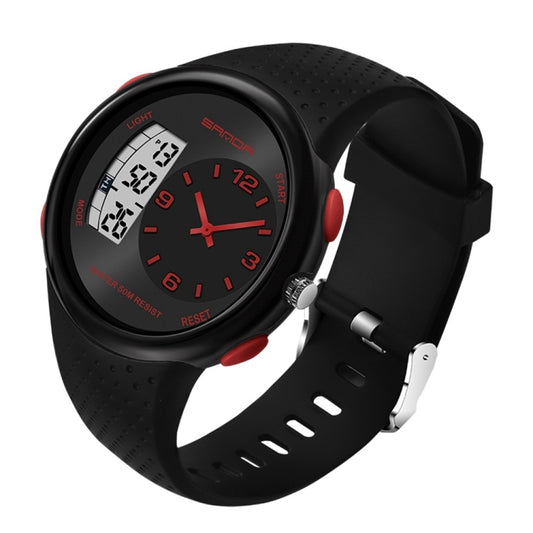 Men's waterproof digital sports watch with black strap, red accents, and dual LCD display