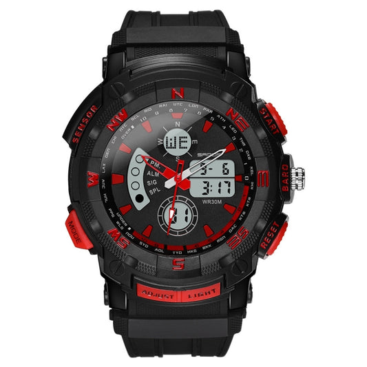 Black outdoor sport watch with red buttons and illuminated-style digital time display