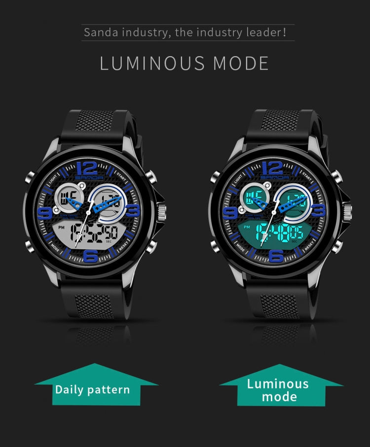 SANDA 793 large Dial Tide Watch Student Fashion Trend Multi Function Double Glow Waterproof Electronic Watch