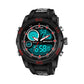 Black LED digital sports wristwatch with turquoise dual-time and date indicators