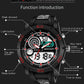 Men's waterproof sports watch, black case and band with red digital LED display