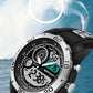 Men's waterproof sports watch with black bezel, large digital display and blue accents