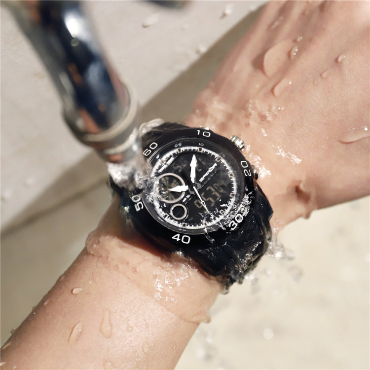 Men's waterproof sports watch on wrist, black dial with water-splash droplets