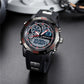 Black waterproof LED digital sports watch with blue-tinted dual-time display