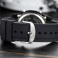 Black rubber watch strap with metal buckle and stitched texture