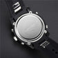 Black LED digital watch case back with engraved markings and strap attachment