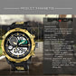 Gold-tone waterproof LED digital sports watch with glowing dual-time dial