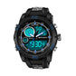 Men's waterproof sports watch, black case with bright blue digital LED display
