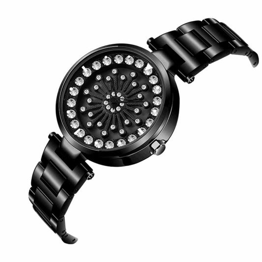 Black rotating-disc lady watch shown at an angle with rhinestone bezel