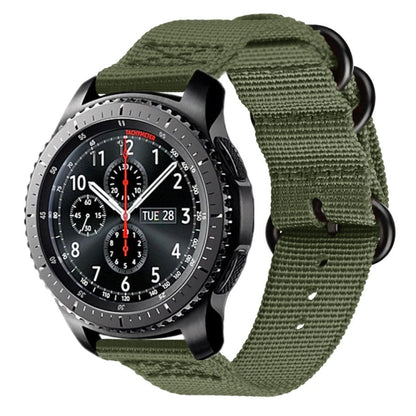 Army green woven nylon watch strap with two-hole fastener and dark round buckle