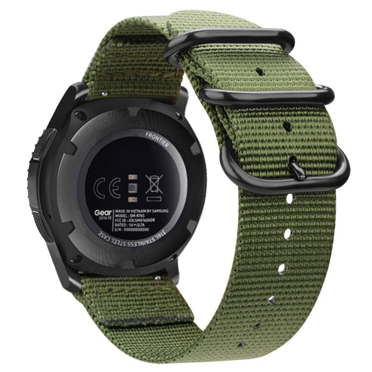 Olive green nylon watch band with adjustable strap holes and black buckle hardware