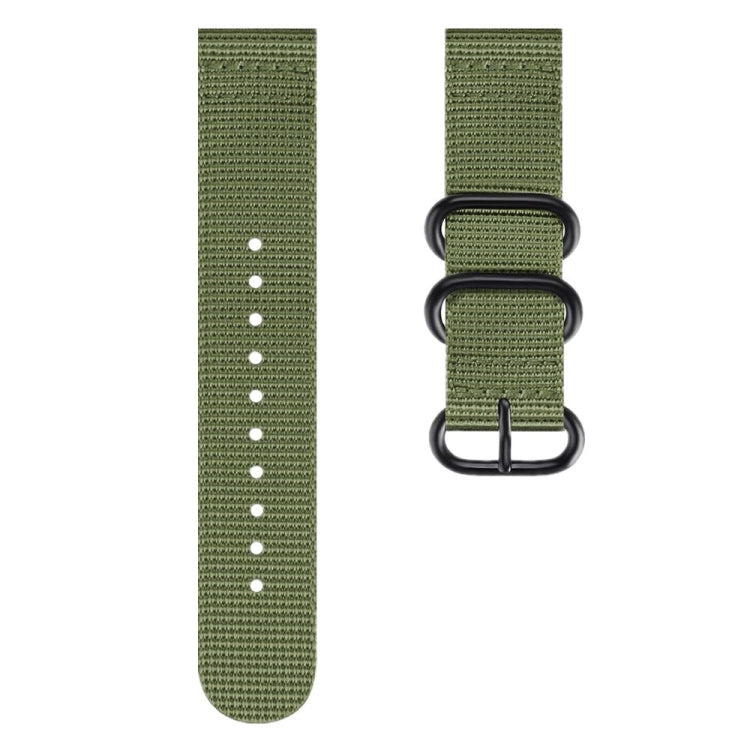 Olive green nylon watch strap with two metal D-ring loops and adjustment holes
