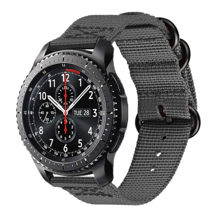 Dark gray woven nylon watch strap with adjustable holes and black buckle