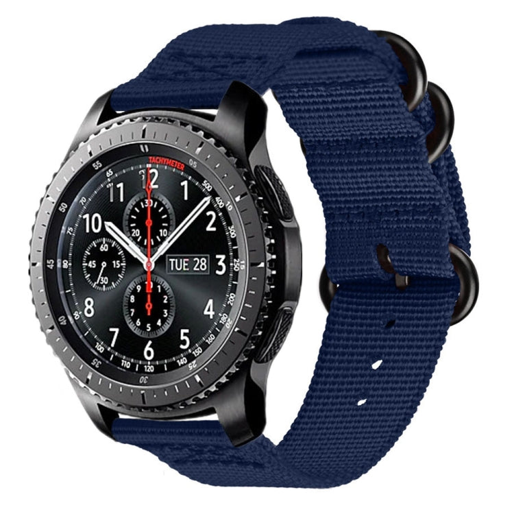 Navy blue woven nylon watch strap with adjustable holes and black buckle hardware