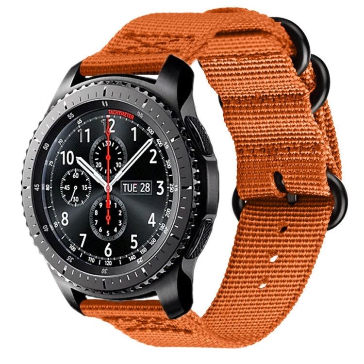 Orange woven nylon watch strap with adjustable holes and black buckle hardware