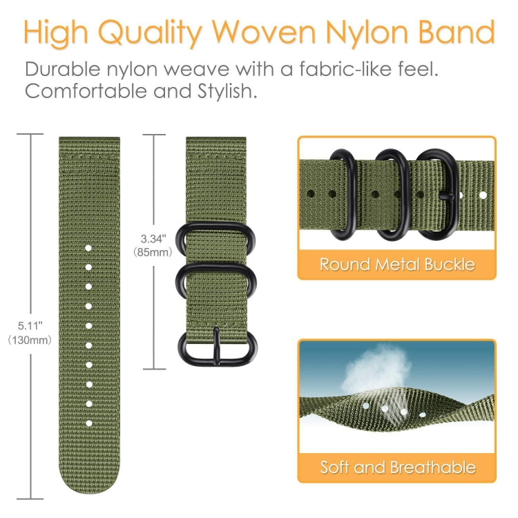 Woven nylon watch band with metal buckle loops and soft, breathable strap design
