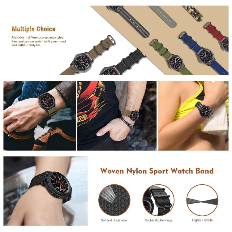 Woven black nylon sport watch band with three-ring buckle and adjustable holes