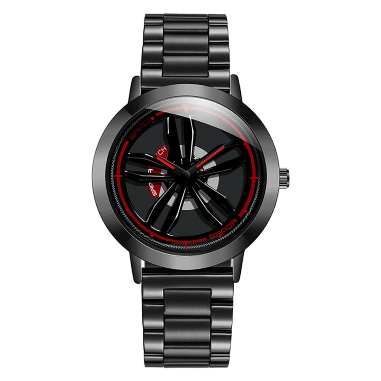Men's steel band analog watch with black dial and red-accent hands, round case