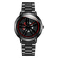 Men's steel band analog watch, black dial with red ring detail and red-accent hands