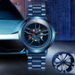 Men's steel-band waterproof watch with blue dial and racing wheel design.