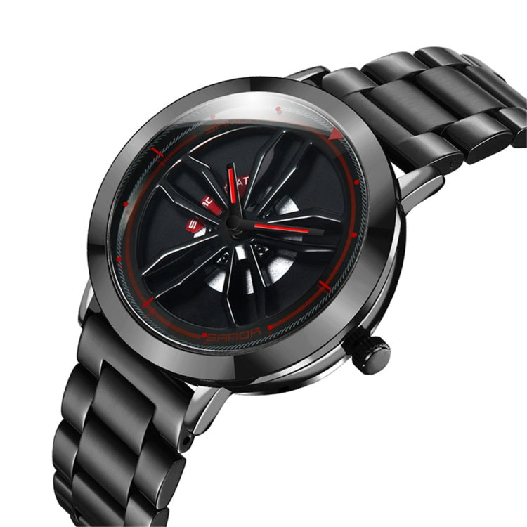Men's analog watch close-up, black dial with red accents and steel link bracelet