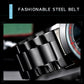 Steel link watch band detail on a wristwatch case, polished and dark metal tones