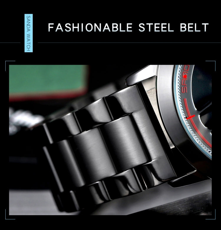 Steel link watch band detail on a wristwatch case, polished and dark metal tones