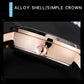 Watch case close-up with brushed metal finish and crown detail on steel bracelet
