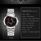 Watch front view with steel bracelet and black dial, red accents; dimension info layout