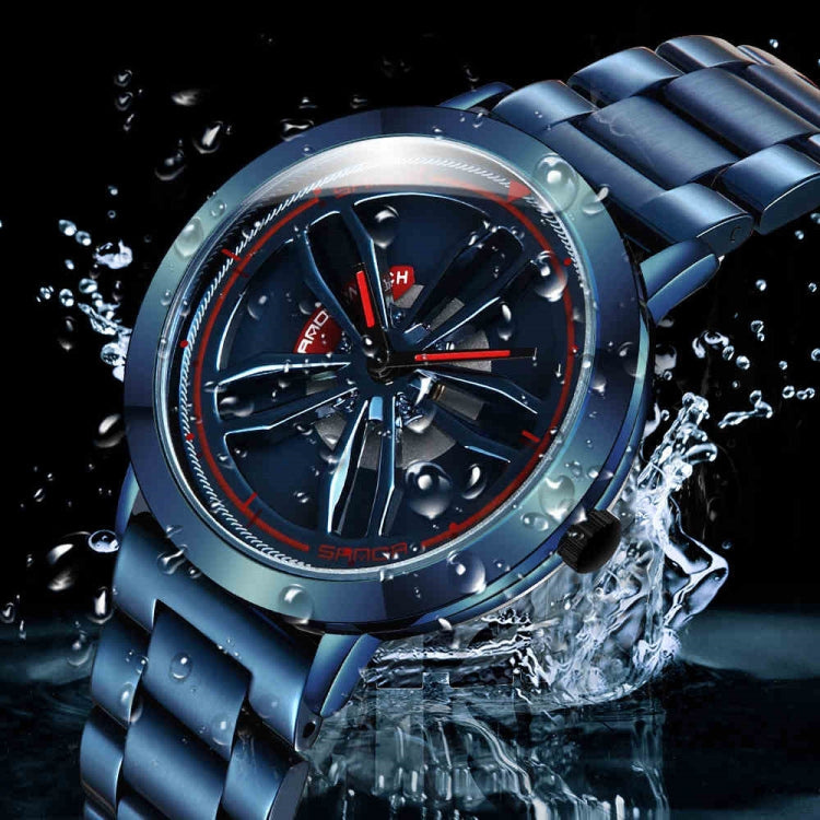 Men's waterproof-style analog watch with blue steel band, black dial with red accents