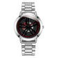 Silver stainless-steel watch with black racing-wheel dial and red accents.