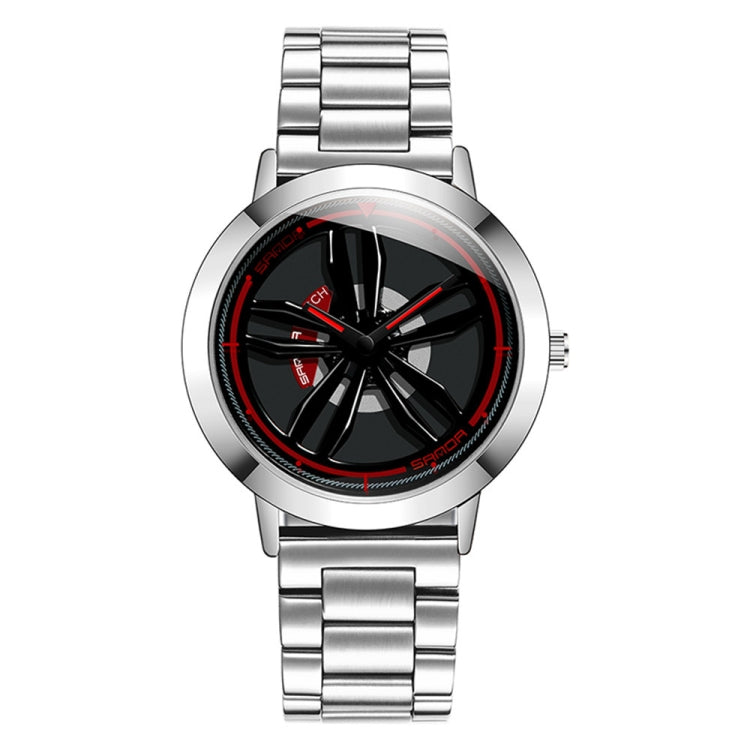 Silver stainless-steel watch with black racing-wheel dial and red accents.