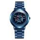 Blue stainless-steel watch with blue racing-wheel dial and silver links.